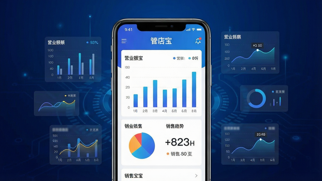 一张以“管店宝”营业报表为主题的数据可视化图,画面中央为手机屏幕显示管店宝报表界面,包含柱状图、饼图与销售数字,手机周围漂浮数据图表元素,背景为深蓝色科技感渐变,布局居中突出手机,风格为数据科技风,细节包含“管店宝”标识、营业额数字与趋势曲线,画质高清,画面干净,无多余元素