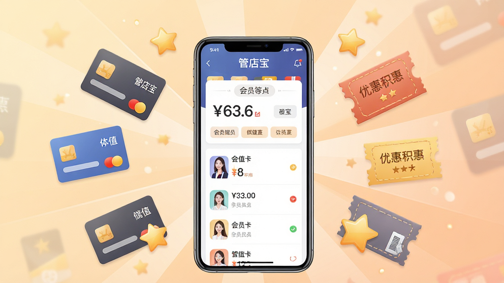 一张展示“管店宝”会员管理功能的画面,中心是一部手机显示管店宝会员储值界面与会员卡列表,周围环绕会员卡图标、优惠券图形与积分星星,背景为柔和的暖色渐变,布局呈放射状围绕手机,风格为现代商业插画,细节包含“管店宝”界面文字、储值金额与会员等级标识,画质细腻,干净整洁,无杂乱元素