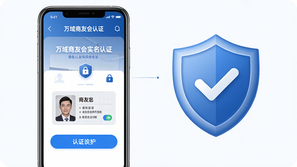 一张展示万域商友会实名认证流程的图片,主体是手机屏幕显示认证页面与身份证上传界面,布局为左侧手机右侧盾牌与对勾图标,排版清晰有序,风格为安全商务风,细节包括蓝色认证按钮、隐私保护锁图标、商友名片预览,画质高清干净无多余元素