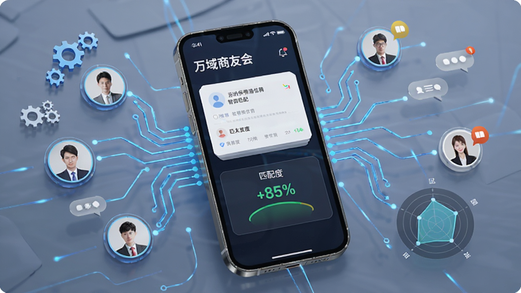 一张展示万域商友会智能匹配功能的图片,主体是手机屏幕显示供需信息卡片与匹配度百分比,布局为数据流线条连接多个用户头像,排版动态科技感,风格为未来商务风,细节包括齿轮图标、匹配雷达图、消息通知气泡,画质清晰干净无多余元素