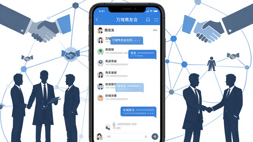 一张展示万域商友会应用界面的图片,主体是手机屏幕显示商友列表与聊天界面,布局为居中展示手机,周围环绕商务人士剪影与握手图标,排版简洁现代,风格为扁平化商务科技风,细节包括蓝色主色调、对话气泡、人脉网络线条,画质清晰干净无多余元素