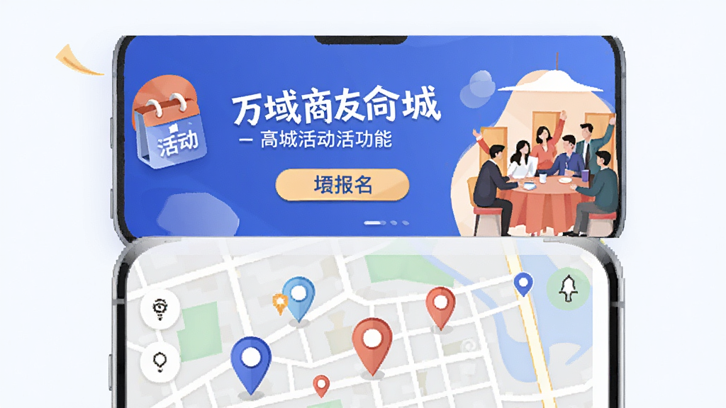 一张展示万域商友会同城活动功能的图片,主体是手机屏幕显示活动列表与地图定位,布局为上方活动海报下方地图标记,排版活泼明快,风格为现代都市商务风,细节包括日历图标、人群聚会插画、报名按钮,画质清晰干净无多余元素