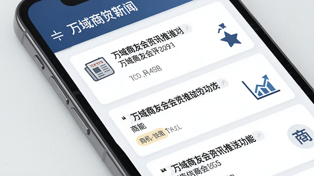 一张展示万域商友会资讯推送功能的图片,主体是手机屏幕显示新闻列表与商机标签,布局为信息流卡片式排列,排版整洁易读,风格为专业资讯风,细节包括报纸图标、趋势折线图、收藏按钮,画质高清干净无多余元素