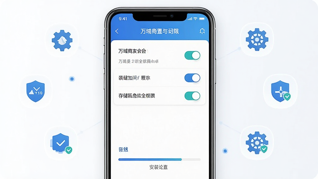 一张展示万域商友会移动端安装与权限设置界面的图片,主体是手机屏幕显示权限管理列表与安装进度条,布局为居中手机与周围设置图标,排版清晰直观,风格为科技教程风,细节包括开关按钮、盾牌安全图标、存储空间图示,画质高清干净无多余元素