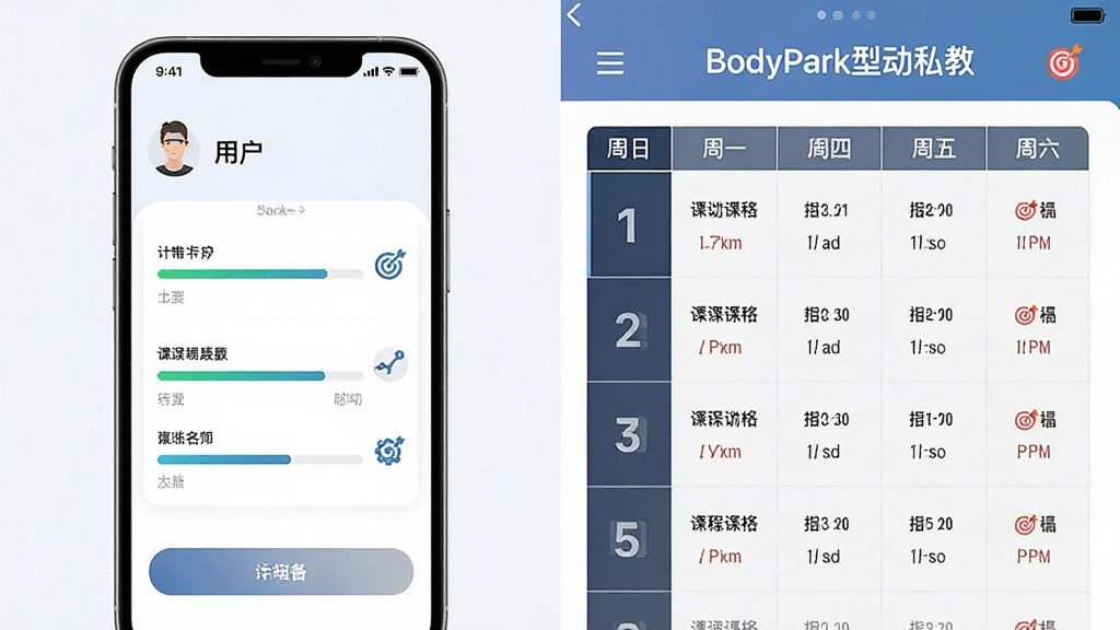 一张信息图表风格的画面,左侧是用户填写身体数据的手机界面,右侧是生成的周训练计划表,表头标注