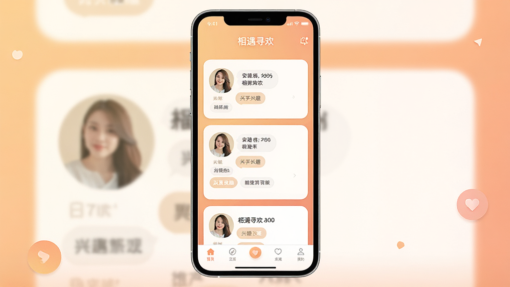 一张展示社交应用相遇寻欢主界面的手机屏幕截图,画面中央是相遇寻欢的卡片式用户推荐流,背景为柔和的暖色调渐变,主体为一部竖屏智能手机,布局居中,排版简洁,风格现代清新,细节包括底部导航栏、用户头像圆形卡片、兴趣标签气泡,画质高清,干净,无多余元素