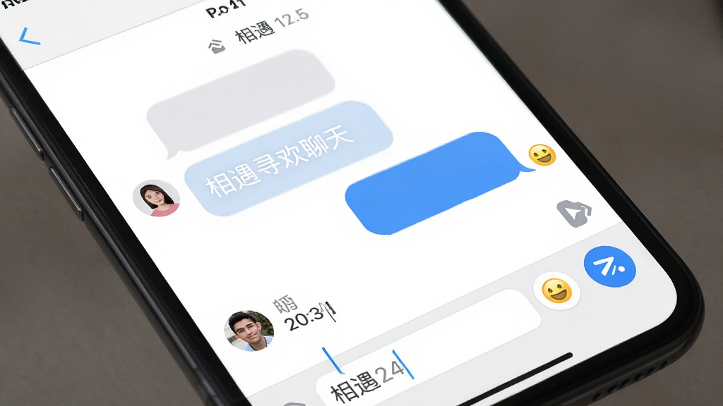 一张表现相遇寻欢聊天界面的手机截图,画面主体为手机屏幕,屏幕上显示对话气泡与输入框,布局为上下结构,排版整洁,风格简约现代,细节包括用户头像、时间戳、表情按钮、发送键,画质高清,干净,无多余元素