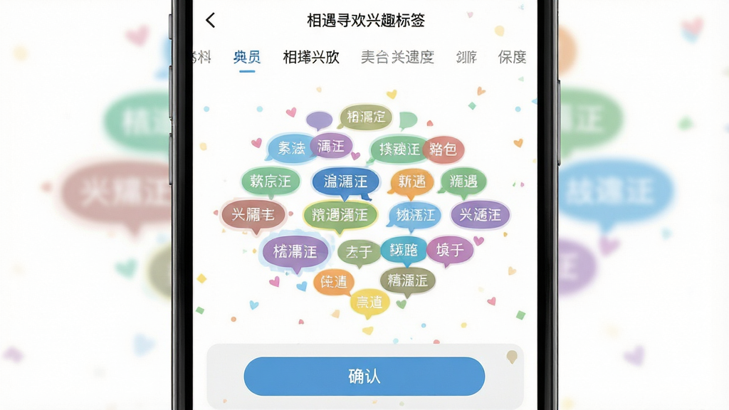 一张展示相遇寻欢兴趣标签选择界面的手机截图,画面主体为手机屏幕,屏幕上呈现多彩的兴趣标签气泡,布局为标签云形式居中排布,排版错落有致,风格清新明快,细节包括已选标签高亮、分类导航栏、确认按钮,画质高清,干净,无多余元素