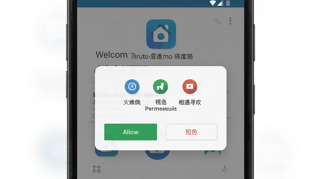 一张展示相遇寻欢在安卓手机上安装完成后首次打开界面的截图,画面主体为手机屏幕,屏幕上显示欢迎页与权限申请弹窗,布局为居中弹窗覆盖在背景之上,排版简洁,风格现代,细节包括权限图标、允许与拒绝按钮、应用Logo,画质高清,干净,无多余元素