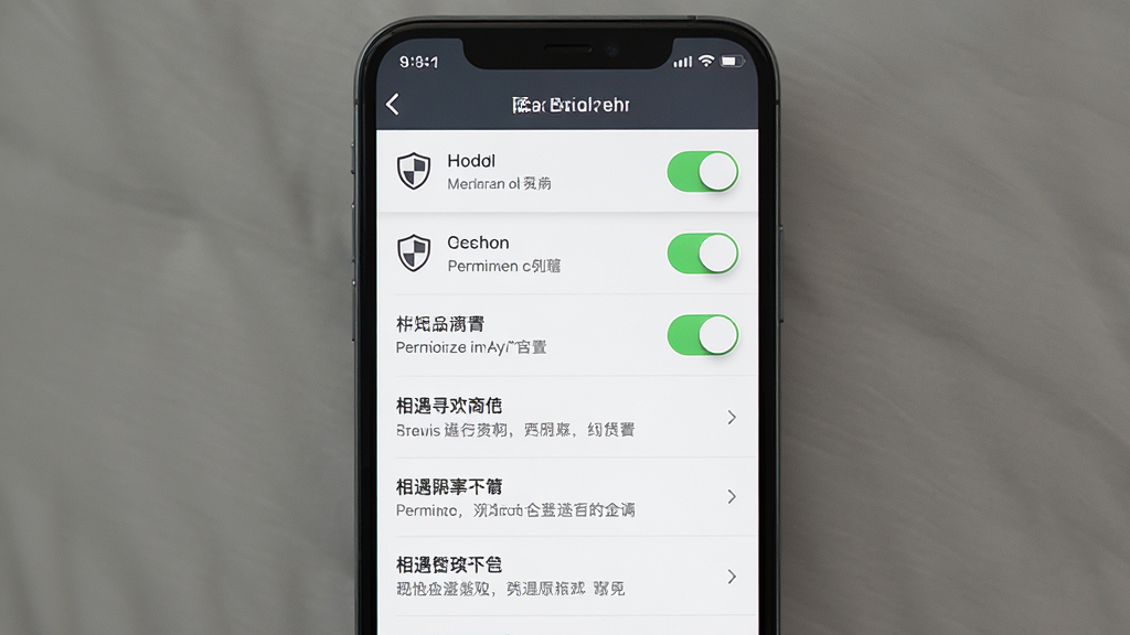 一张展示相遇寻欢隐私设置页面的手机截图,画面主体为手机屏幕,屏幕上排列着开关按钮与选项列表,布局为纵向列表居中,排版清晰,风格沉稳简洁,细节包括盾牌图标、权限开关、说明文字,画质高清,干净,无多余元素