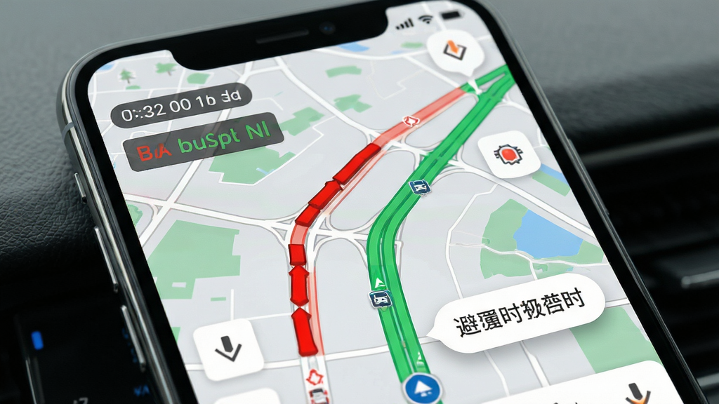 高能驾车导航实时路况功能展示图,主体为手机屏幕特写,布局为地图上显示红色拥堵路段与绿色畅通路段,排版清晰,风格写实科技风,细节包含时间戳、路况颜色标识、避堵提示气泡,画质高清,干净,无多余元素