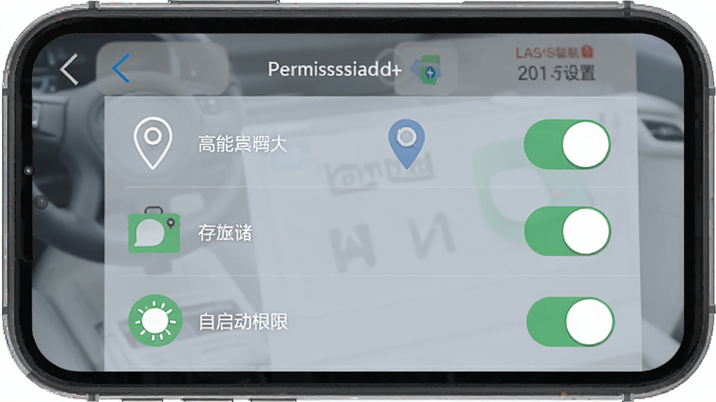 高能驾车导航安装权限设置示意图,主体为手机屏幕显示权限管理页面,布局为列表式开关,排版清晰,风格扁平化,细节包含位置、存储、自启动权限图标,画质高清,干净,无多余元素