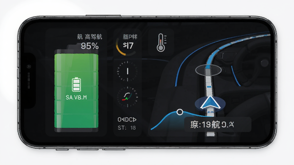 高能驾车导航低功耗运行示意,主体为手机电池与导航界面组合,布局上下结构,排版紧凑,风格极简科技感,细节包含电量百分比、温度计图标、流畅度曲线,画质高清,干净,无多余元素