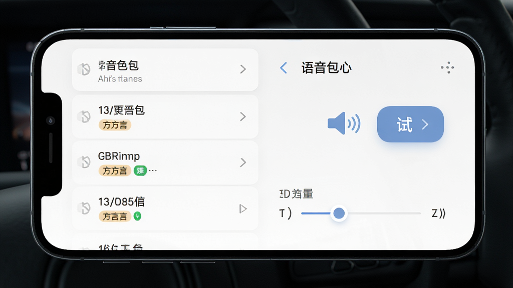 高能驾车导航语音播报设置界面,主体为手机屏幕,布局为语音包列表与试听按钮,排版整齐,风格清新简约,细节包含音色名称、方言标签、音量调节滑块,画质高清,干净,无多余元素