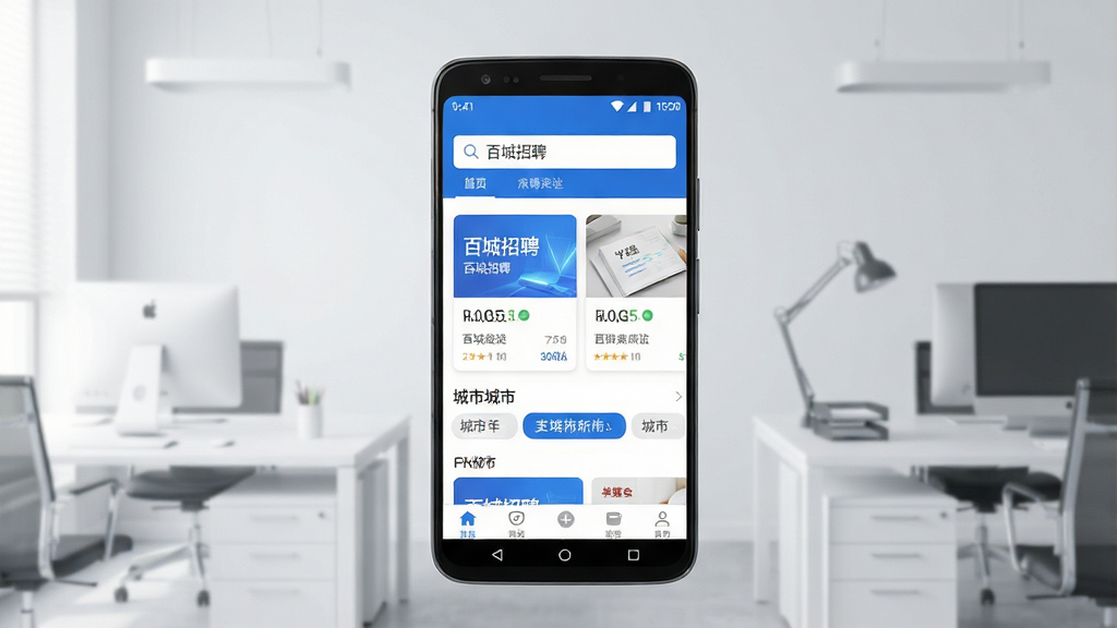一张手机应用界面展示图,画面中央是一部竖屏安卓手机,屏幕内呈现蓝白配色的招聘应用首页,顶部搜索框内写着