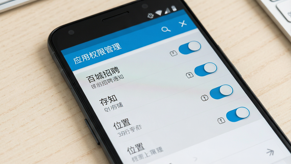 一张手机安全设置界面示意图,画面中一部安卓手机显示应用权限管理页面,列表中