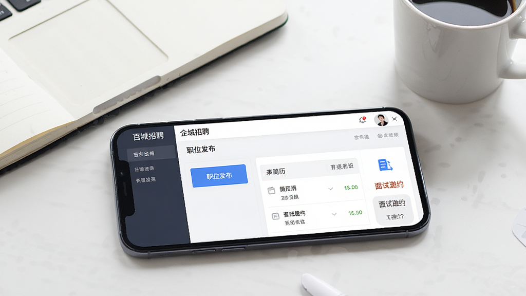 一张招聘应用功能展示图,画面中一部手机横放,屏幕内显示
