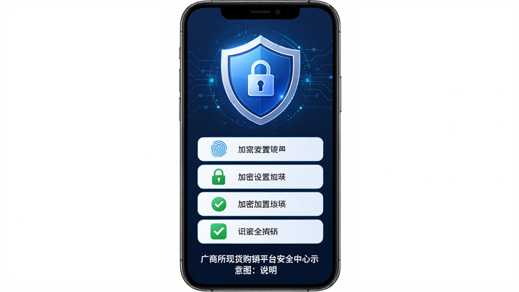 广商所现货购销平台安全中心示意图,主体为手机屏幕展示盾牌图标与安全设置选项,布局为上方盾牌、中间功能列表、下方说明文字,排版对称,风格为安全科技风,细节包括指纹识别、加密锁、绿色对勾,画质高清,干净,无多余元素