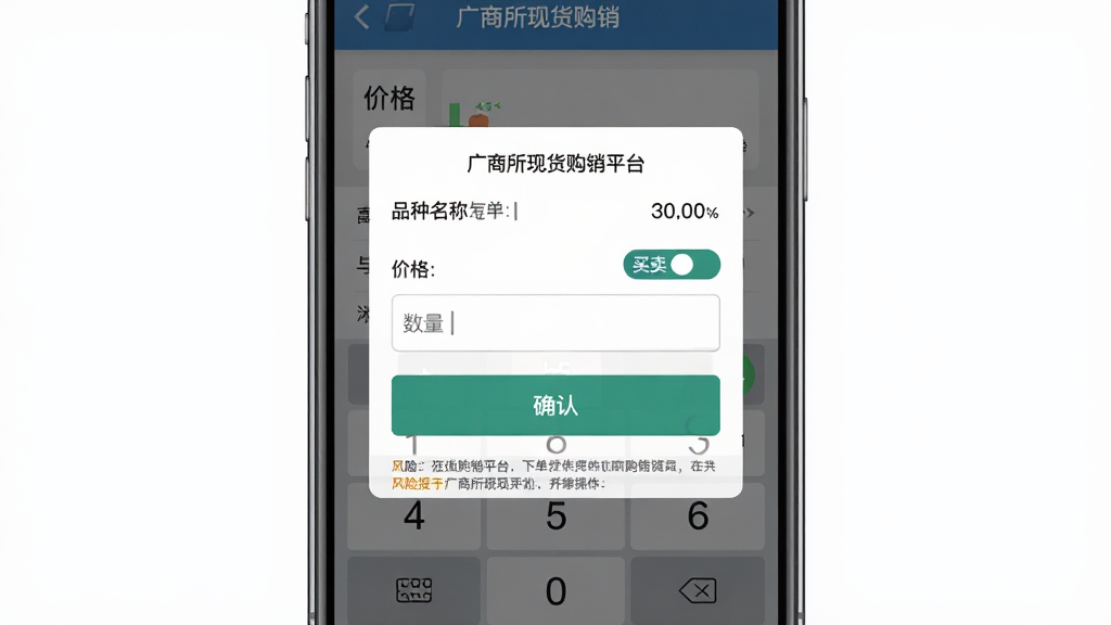 广商所现货购销平台下单操作界面,主体为手机屏幕展示购销下单弹窗,布局为上方品种名称与价格、中间数量输入框、下方确认按钮,排版清晰,风格为简约扁平化,细节包括数字键盘、买卖切换标签、风险提示文字,画质高清,干净,无多余元素