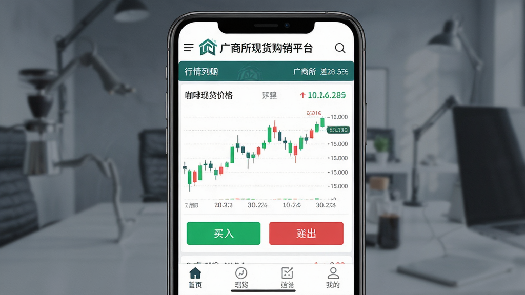 一款名为广商所现货购销平台的手机应用界面展示,主体为一部智能手机,屏幕中央清晰展示广商所现货购销平台的首页行情列表,包含咖啡现货价格走势图与购销按钮,布局简洁明了,上方有品牌Logo,下方有导航栏,排版采用上下结构,风格为现代商务科技风,细节包括K线图、数字跳动、绿色买入红色卖出按钮,画质高清,干净,无多余元素