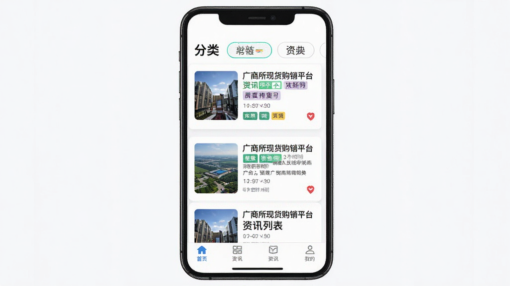 广商所现货购销平台资讯列表界面,主体为手机屏幕展示新闻卡片流,布局为上方分类标签、中间资讯列表、下方导航栏,排版舒适,风格为现代资讯阅读风,细节包括缩略图、时间戳、标签色块,画质高清,干净,无多余元素