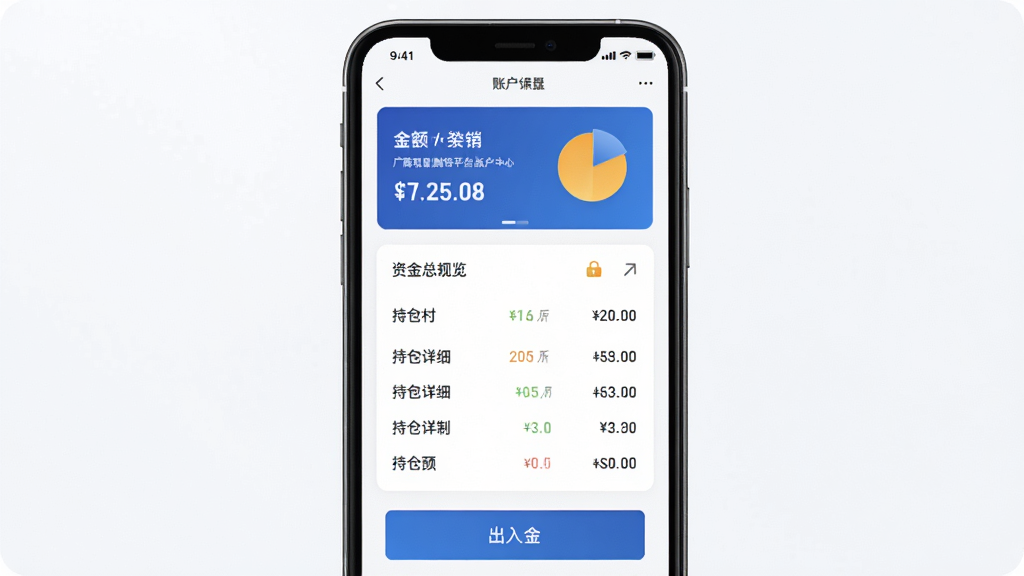 广商所现货购销平台账户中心页面,主体为手机屏幕展示资金总览与持仓列表,布局为上方余额卡片、中间持仓明细、下方出入金按钮,排版规整,风格为清爽商务风,细节包括饼状图、数字高亮、安全锁图标,画质高清,干净,无多余元素