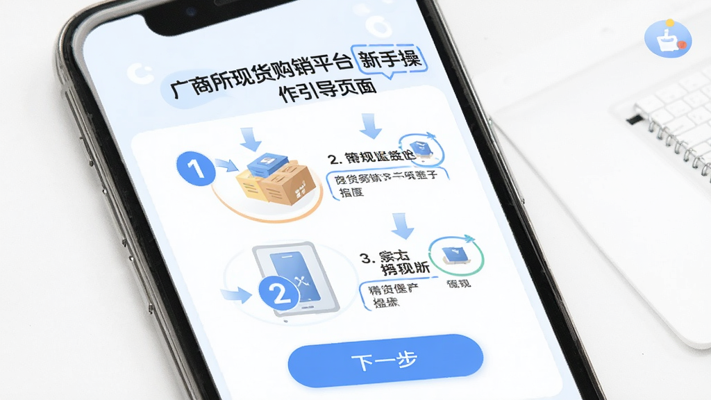 广商所现货购销平台新手操作引导页面,主体为手机屏幕展示步骤指引,布局为上方标题、中间图文步骤、下方下一步按钮,排版简洁,风格为友好引导风,细节包括数字序号、箭头指示、高亮框,画质高清,干净,无多余元素