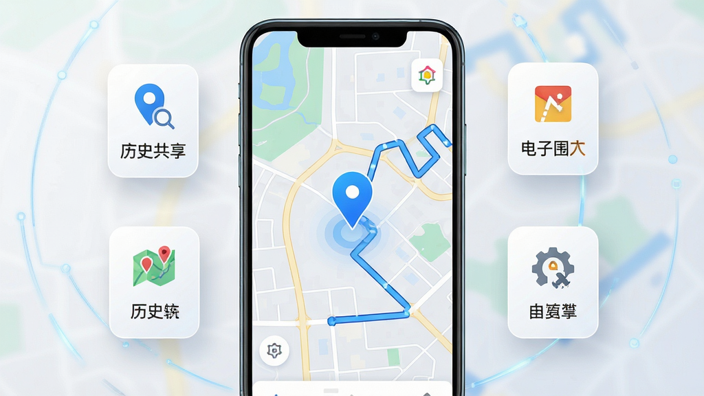 寻踪定位软件界面全貌展示,一部安卓手机屏幕中央显示地图定位界面,地图上有蓝色定位光标和路线轨迹,周围悬浮着位置共享、历史轨迹、电子围栏等功能图标,整体布局简洁清晰,风格现代科技感,细节精致,画质高清,干净,无多余元素