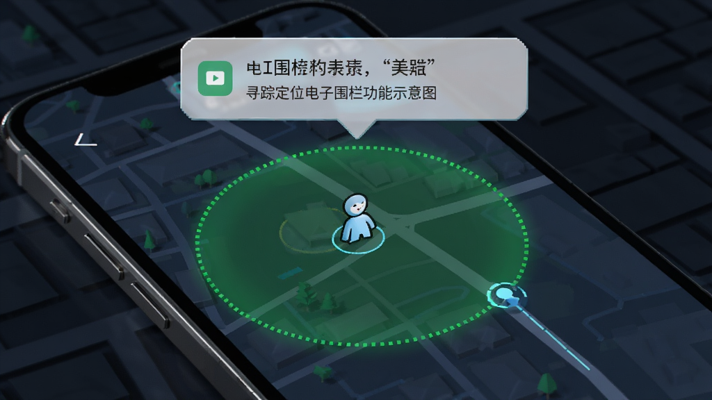 寻踪定位电子围栏功能示意图,手机屏幕显示地图上有一个绿色圆形安全区域,区域边缘有虚线标注,地图上一个小人图标正从区域边缘经过,手机顶部弹出提醒通知气泡,风格科技感十足,布局清晰,细节丰富,画质高清,干净,无多余元素