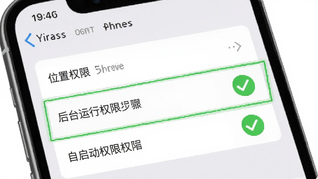 寻踪定位安装设置步骤示意图,手机屏幕显示权限设置页面,列表中位置权限、后台运行权限、自启动权限三项被高亮标注为已开启状态,旁边有一个绿色对勾图标,背景为浅灰色设置界面,风格清晰直观,细节明了,画质高清,干净,无多余元素
