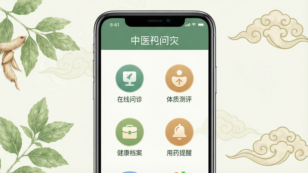 吉生德中医软件主界面展示,画面中央放置一部智能手机,手机屏幕上显示中医问诊首页,包含“在线问诊”“体质测评”“健康档案”“用药提醒”四个功能入口图标,背景为淡雅的中医风格,有淡绿色草药叶片和传统祥云纹样点缀,整体布局简洁清晰,风格清新自然,细节丰富,画质高清,干净无多余元素