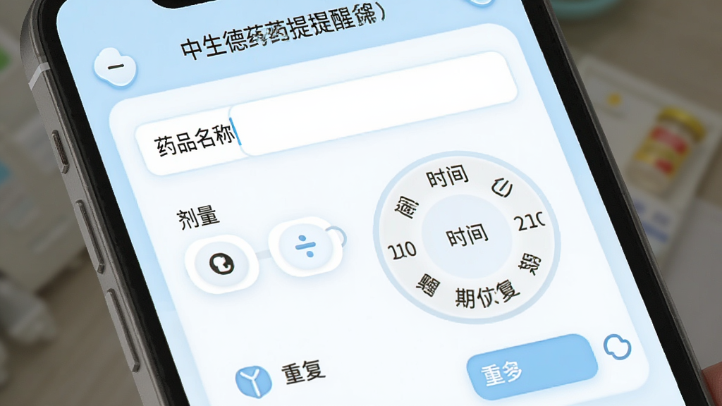 吉生德中医用药提醒设置界面,手机屏幕显示添加药品提醒的表单,包含药品名称输入框、剂量选择器、时间选择轮盘和重复周期选项,背景为淡蓝色,界面元素圆润友好,画质高清,干净无多余元素