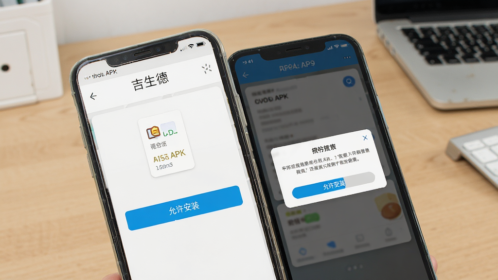 吉生德中医移动端操作演示,画面展示一部手机正在安装APK文件,屏幕上显示“允许安装”按钮和权限授权弹窗,背景为简洁的桌面环境,风格写实清晰,细节丰富,画质高清,干净无多余元素