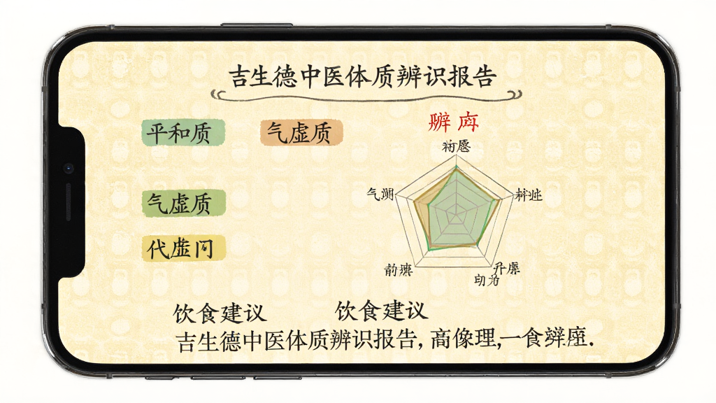 吉生德中医体质辨识报告页面,手机屏幕展示一份中医体质分析报告,包含“平和质”“气虚质”等体质类型标签、雷达图、饮食建议文字段落,背景为淡黄色宣纸质感,排版清晰,风格温和传统,画质高清,干净无多余元素