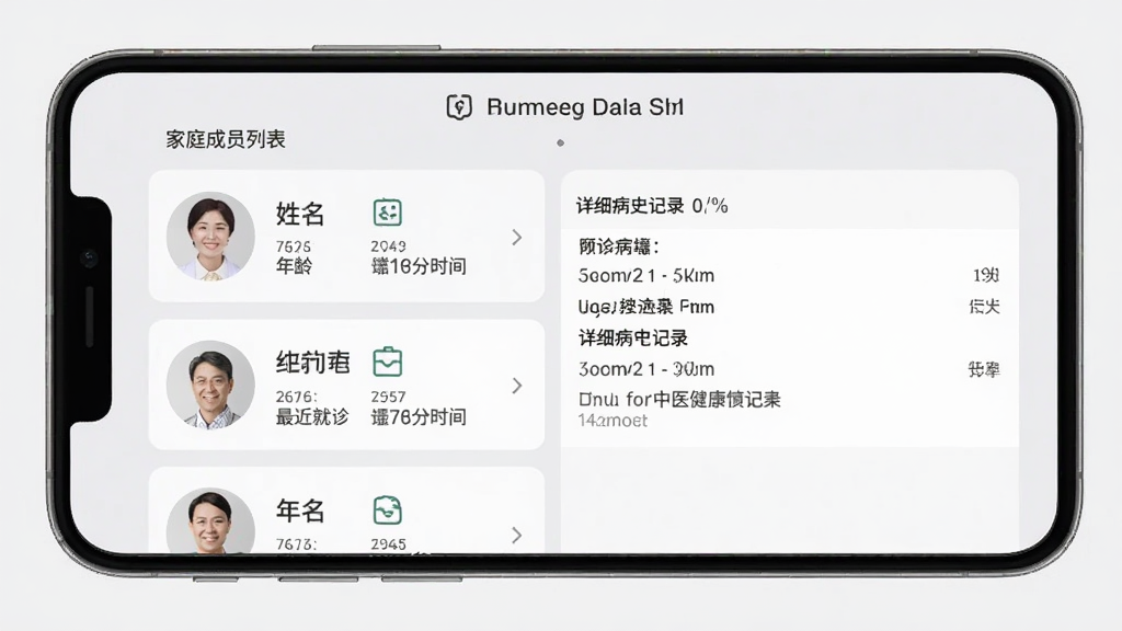 吉生德中医健康档案管理界面,手机屏幕显示家庭成员列表,每个成员卡片展示姓名、年龄、最近就诊时间,点击后展开详细病史记录,背景为浅灰色,布局规整,风格简约实用,画质清晰,干净无多余元素