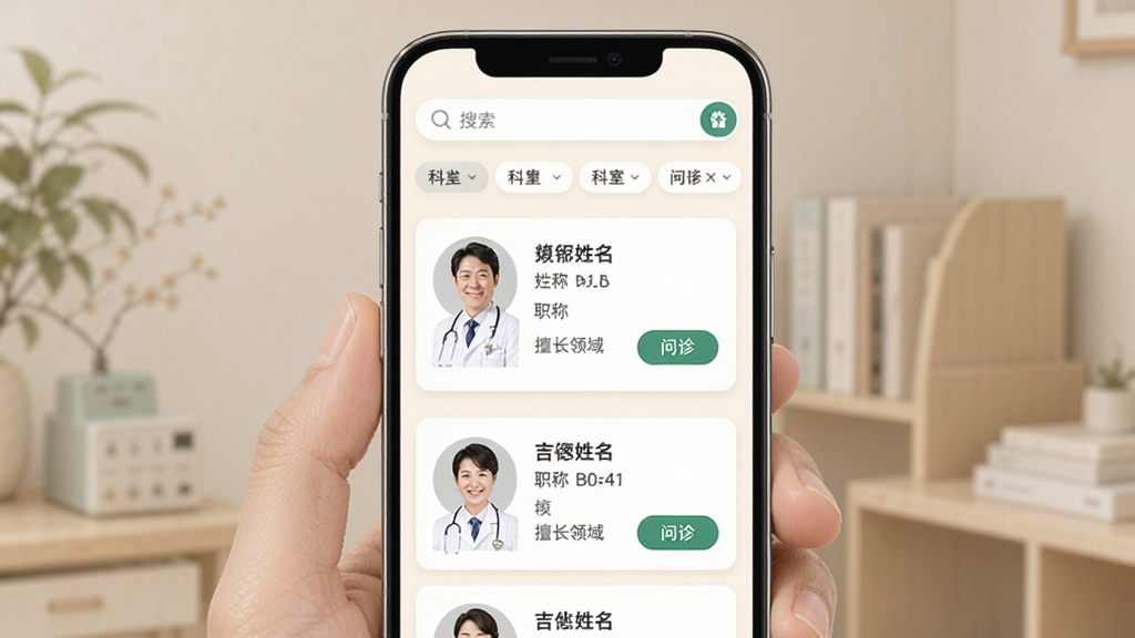 吉生德中医在线问诊功能界面,手机屏幕显示医生列表,每位医生卡片包含头像、姓名、职称、擅长领域和“问诊”按钮,背景为柔和的米白色,顶部有搜索栏和科室筛选标签,整体排版整齐,风格专业温和,画质清晰,干净无多余元素