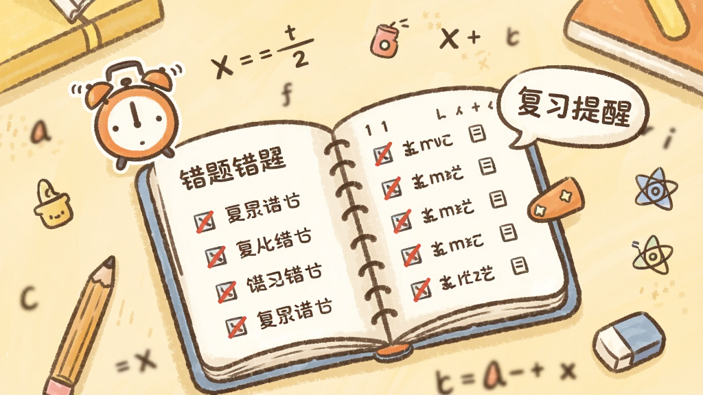 画面中心是一本打开的卡通笔记本,笔记本页面上显示错题列表和红色叉号标记,旁边有一个闹钟图标和“复习提醒”气泡,笔记本周围环绕着数学公式、英文字母和科学小图标,背景为浅黄色书桌场景,风格为温馨手绘风,细节包括一支铅笔和橡皮擦,画质柔和清晰,整体布局简洁有序