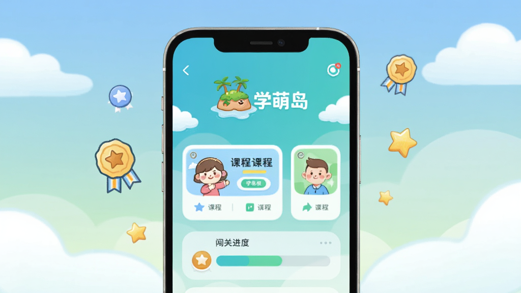 画面中央放置一部智能手机,屏幕上显示学萌岛APP主界面,界面以清新蓝绿色调为主,顶部有卡通岛屿图标和“学萌岛”文字标识,下方排列着趣味课程卡片与闯关进度条,背景是柔和的渐变天空与云朵,风格为扁平化卡通教育风,细节包括悬浮的学习勋章和星星奖励,画质清晰明亮,整体干净无多余元素