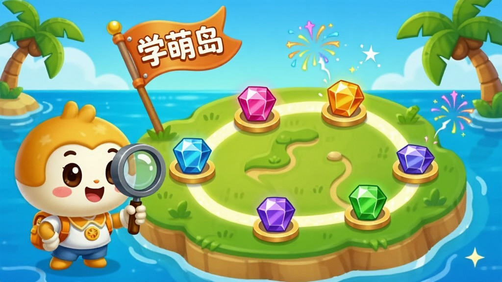 画面展示一个卡通风格的岛屿地图,地图上分布着多个学习关卡节点,每个节点用不同颜色的宝石标记,一条发光的小路连接各个节点,画面左侧有一位手持放大镜的卡通吉祥物,背景是蔚蓝海洋与椰子树,风格为明亮活泼的儿童插画风,细节包括漂浮的“学萌岛”旗帜和答题正确后的烟花特效,画质细腻干净,无多余杂乱元素