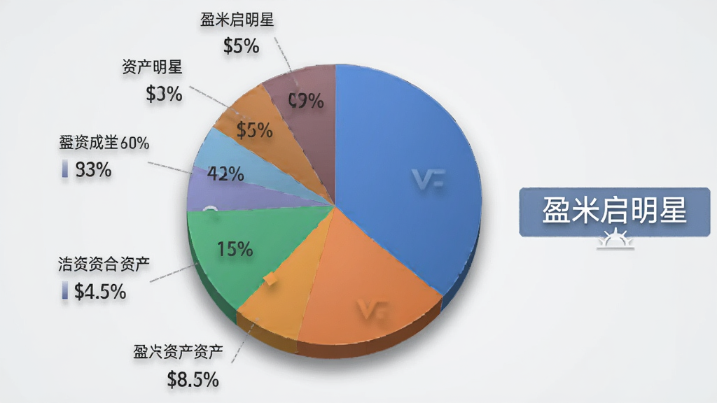 一张展示投资组合配置的示意图,画面中央是一个圆形饼图,饼图分为多个色块代表不同资产类别,饼图旁边有