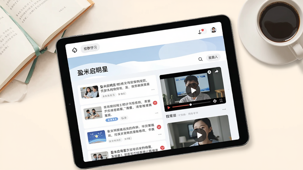 一张在线学习平台的界面插图,画面中一台平板电脑显示