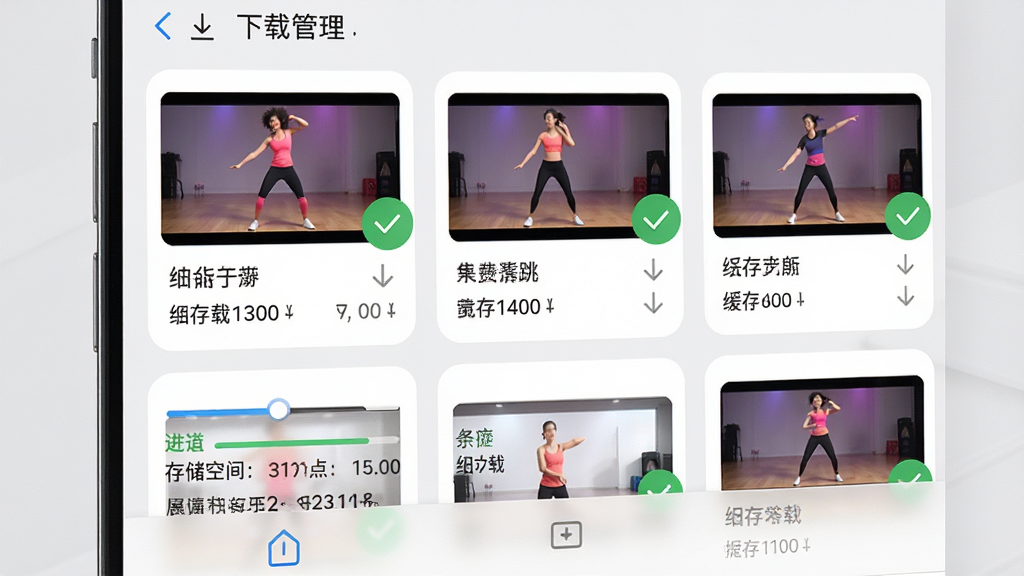 广场舞免费学跳离线缓存功能展示,画面中手机屏幕显示下载管理界面,有多个舞蹈视频缩略图旁带有已下载的绿色对勾图标,下方有进度条和存储空间提示,背景是简约的浅灰色,布局为卡片式排列,风格为现代扁平UI风,细节包括下载箭头、缓存大小文字,画质高清,干净无多余元素。