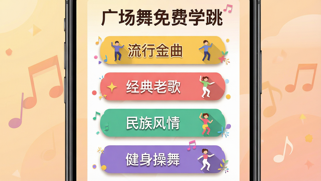 广场舞免费学跳应用内分类页面展示,画面中手机屏幕显示流行金曲、经典老歌、民族风情、健身操舞等多个彩色分类标签,每个标签旁有对应的舞蹈小图标,背景是柔和的暖色调渐变,布局为竖向列表排版,风格为扁平化插画风,细节包括标签阴影、图标装饰,画质清晰,干净无多余元素,屏幕上方有“广场舞免费学跳”文字标识。