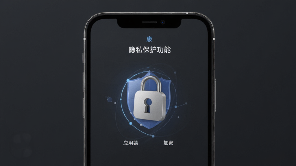 德升康隐私保护功能展示,画面中手机屏幕显示应用锁与加密图标,背景为深灰色,布局居中对称,风格安全稳重,细节包含盾牌与锁形符号,画质清晰,干净,无多余元素