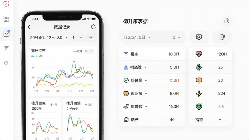 德升康数据记录界面,画面中手机屏幕显示多条彩色折线图与数据卡片,背景为白色,布局左图右表,风格清新简约,细节包含日期选择器与指标图标,画质清晰,干净,无多余元素