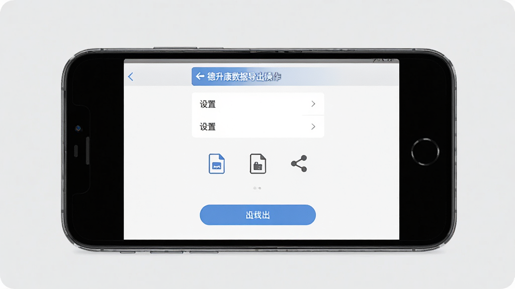 德升康数据导出操作界面,画面中手机屏幕显示设置菜单与导出按钮,背景为浅灰色,布局居中对齐,风格简洁实用,细节包含文件格式图标与分享符号,画质清晰,干净,无多余元素