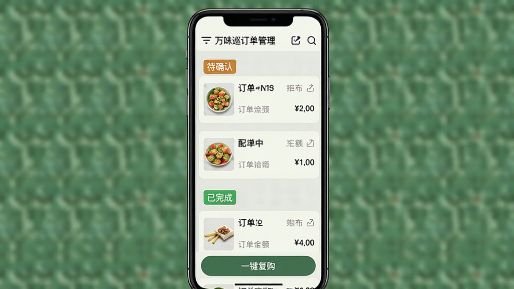 一张展示万味巡APP订单管理界面的手机截图预览图,画面中手机屏幕显示订单列表页面,包含待确认、配送中、已完成等状态标签,每个订单卡片展示商品缩略图、订单编号和金额,顶部有筛选与搜索图标,底部有“一键复购”按钮,整体排版清晰,风格简洁高效,细节突出数据管理功能,画质清晰,干净,无多余元素