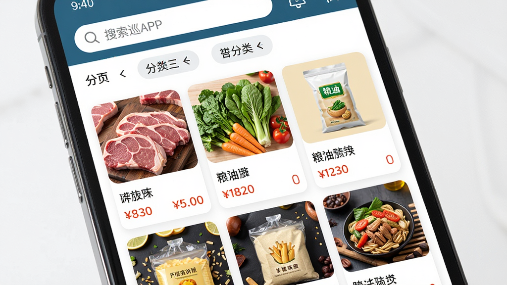 一张表现万味巡APP内食品货源浏览页面的场景图,画面主体为手机屏幕特写,屏幕中展示整齐排列的食品商品卡片,包含肉类、蔬菜、粮油等品类缩略图与价格标签,屏幕上方有搜索框和分类筛选按钮,整体布局采用网格排版,风格清新明亮,细节体现商品丰富度,画质清晰,干净,无多余元素
