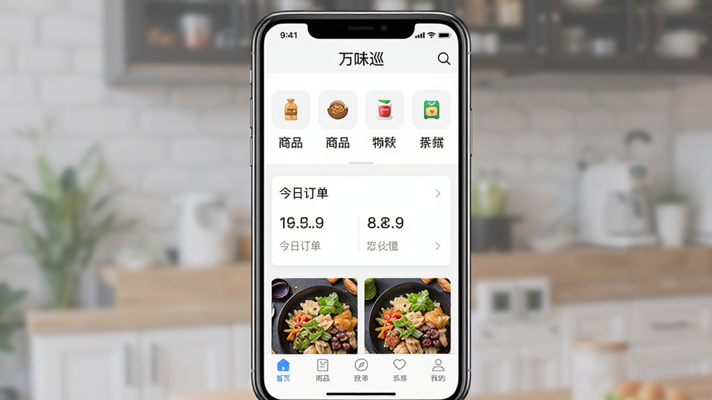 一张展示万味巡软件主界面的手机应用截图预览图,画面中央是一部现代智能手机,屏幕显示万味巡APP的首页,顶部有“万味巡”文字标识,页面包含商品分类图标、今日订单数据卡片和底部导航栏,整体布局清晰,排版整齐,风格简洁商务,细节上体现食品商户经营场景,画质清晰,干净,无多余元素