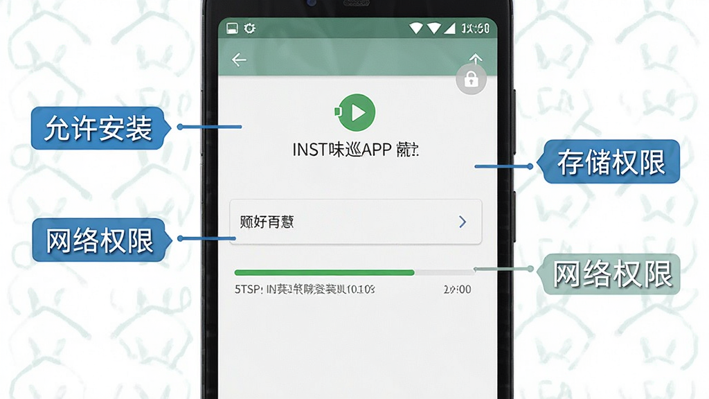 一张展示安卓手机安装万味巡APP过程的示意图,画面主体为手机屏幕特写,屏幕中显示安装权限设置界面与安装进度条,周围有“允许安装”“存储权限”“网络权限”等文字标注,整体布局清晰,风格简洁说明,细节突出安装步骤,画质清晰,干净,无多余元素